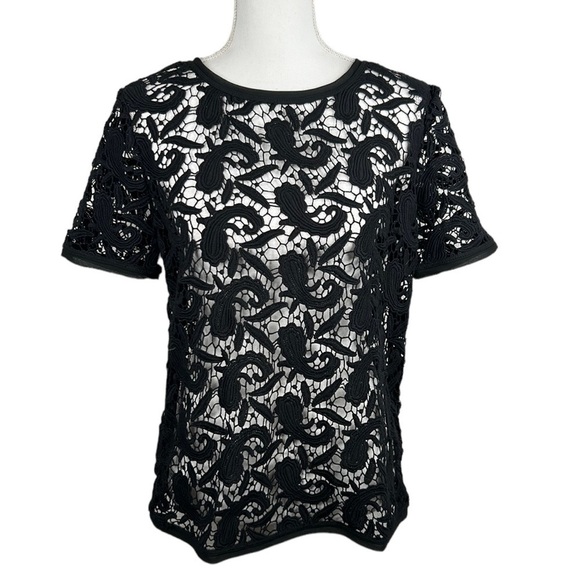 LOFT Black Embroidered Sheer Crew Neck Short Sleeve Top Size Small - Picture 1 of 6